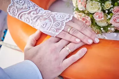 Just married couple hands with rings